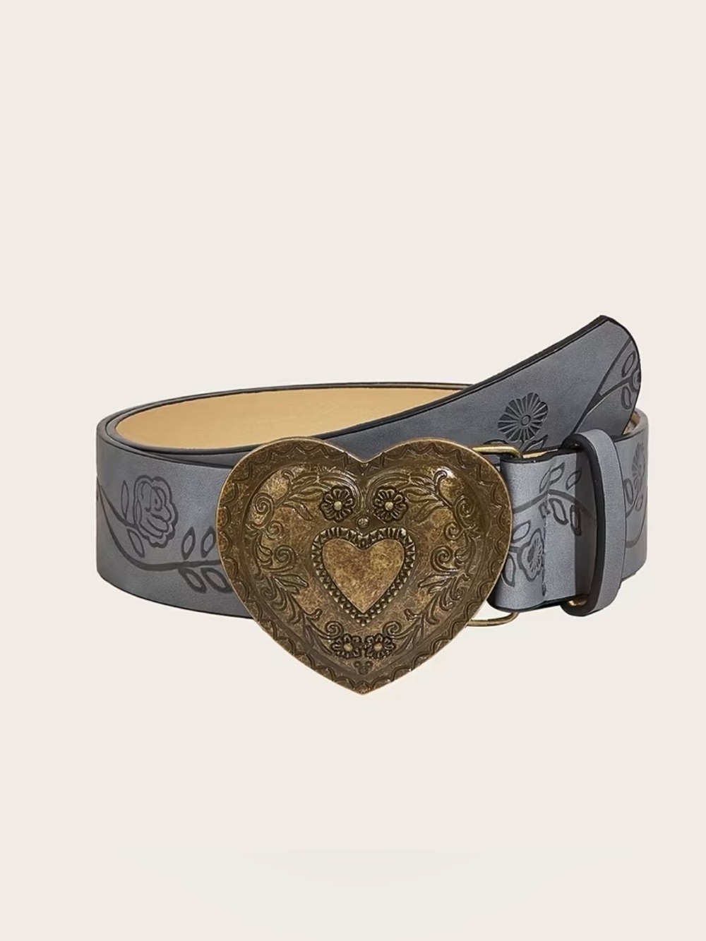 Heart Buckle Embossed Leather Waist Belt in Grey Medium - Picture 2 of 8